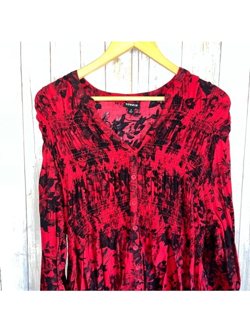 Torrid Smocked Babydoll Tunic 2X Red Black Floral Button Front High Low Top - Picture 7 of 8